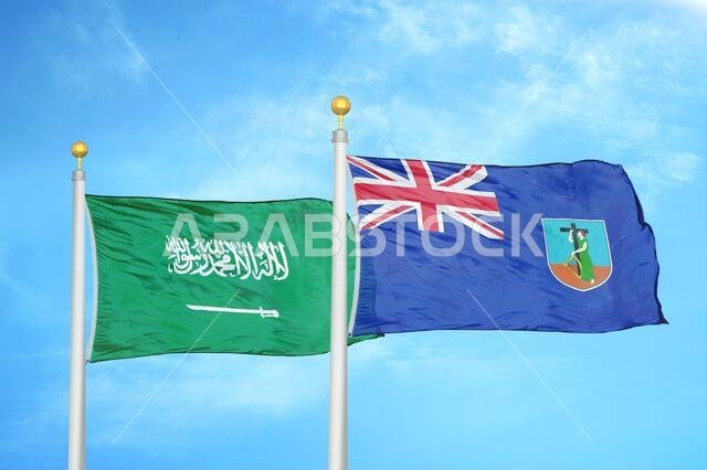 Saudi Arabia and Montserrat two flags on flagpoles and blue cloudy sky