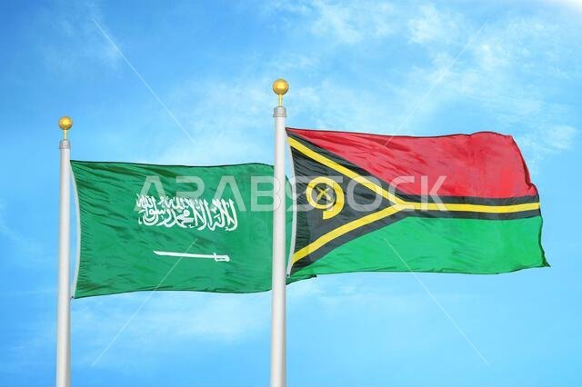 Saudi Arabia and Vanuatu two flags on flagpoles and blue cloudy sky