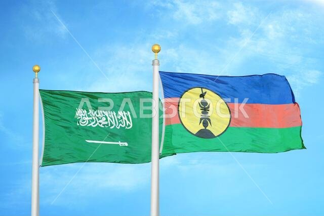 Saudi Arabia and New Caledonia two flags on flagpoles and blue cloudy sky