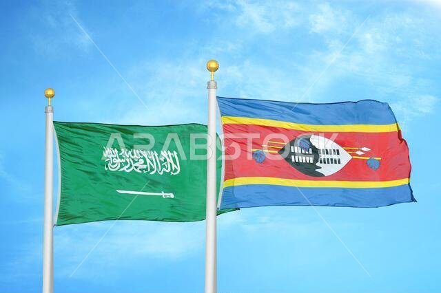 Saudi Arabia and Eswatini Swaziland two flags on flagpoles and blue cloudy sky
