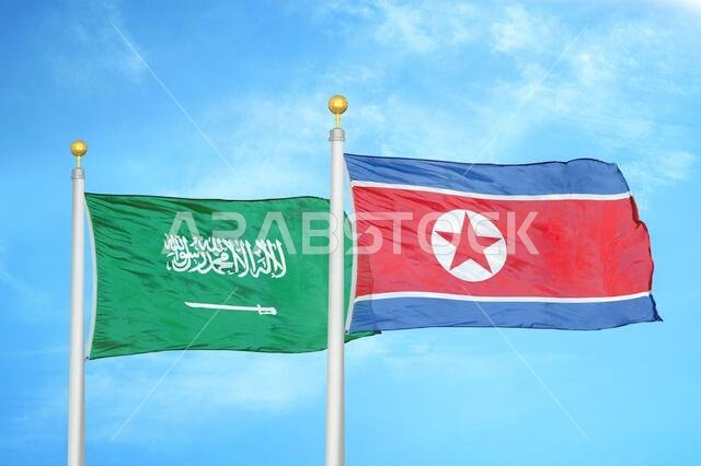 Saudi Arabia and North Korea two flags on flagpoles and blue cloudy sky