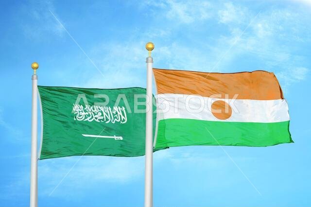 المملكة العربية السعودية والنيجر، علمان على ساريتين وسماء زرقاء ملبدة بالغيوم
