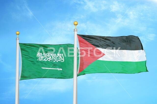 Saudi Arabia and Palestine two flags on flagpoles and blue cloudy sky