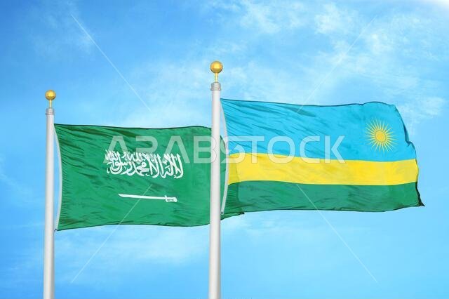 Saudi Arabia and Rwanda two flags on flagpoles and blue cloudy sky
