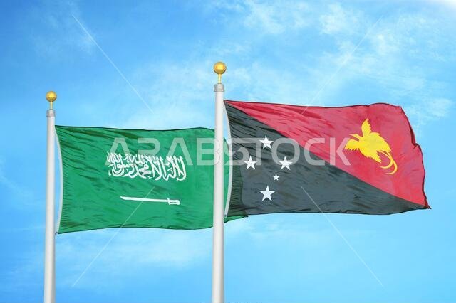 Saudi Arabia and Papua New Guinea two flags on flagpoles and blue cloudy sky