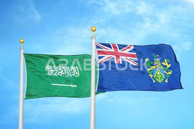 Saudi Arabia and Pitcairn Islands two flags on flagpoles and blue cloudy sky