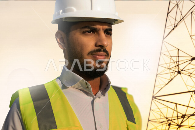 مهندس معماري عربي خليجي سعودي يرتدي قبعة وسترة الوقاية الخاصة بالعمل ، متابعة المشروع وتدقيق العمل ، الاشراف والرقابة على المشاريع الهندسية ، الهندسة المعمارية ، خلفية المشاريع الإنشائية .