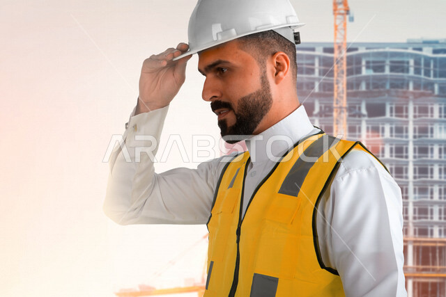 A Saudi Arabian Gulf architect wearing a work hat and protective suit, holding a safety helmet in his hand, following up on the project and checking work, supervising and controlling engineering projects, architecture, construction projects background.