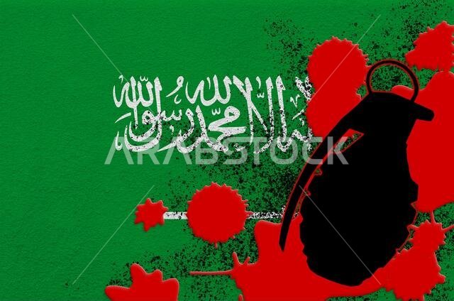 Saudi Arabia flag and MK2 frag grenade in red blood. Concept for terror attack or military operations with lethal outcome. Dangerous projectile weapon Saudi Arabia flag and MK2 frag grenade in red blood. Concept for terror attack or military operations with lethal outcome. Dangerous projectile weapon