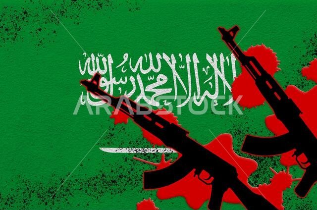 علم المملكة العربية السعودية وبندقيتان من طراز AK-47 سوداوان ملطختان بالدماء. رمز لهجوم إرهابي أو عمليات عسكرية ذات نتائج مميتة. استخدام أسلحة خطيرة