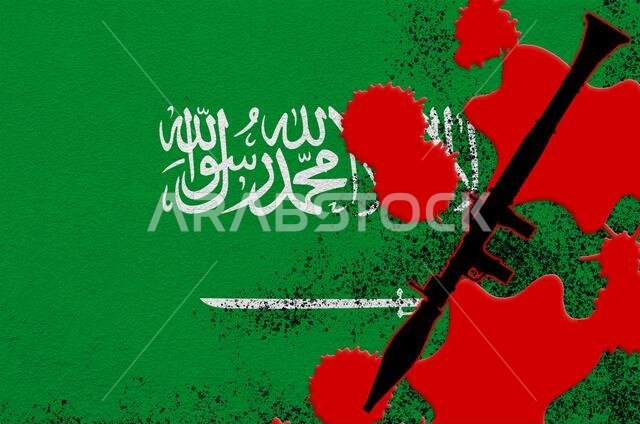 Saudi Arabia flag and black RPG-7 rocket-propelled grenade launcher in red blood. Concept for terror attack or military operations with lethal outcome
