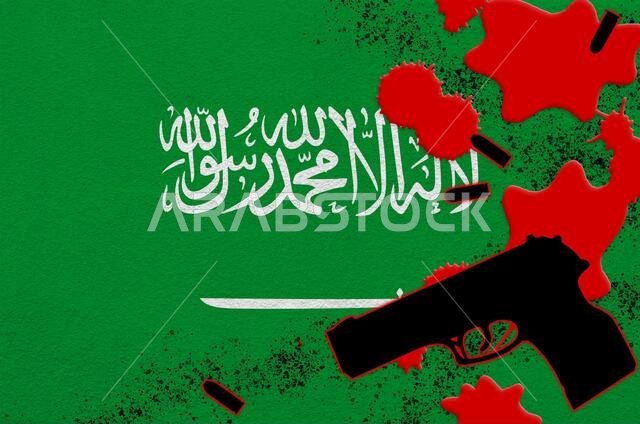 Saudi Arabia flag and black firearm in red blood. Concept for terror attack or military operations with lethal outcome. Dangerous handgun usage Saudi Arabia flag and black firearm in red blood. Concept for terror attack or military operations with lethal outcome. Dangerous handgun usage