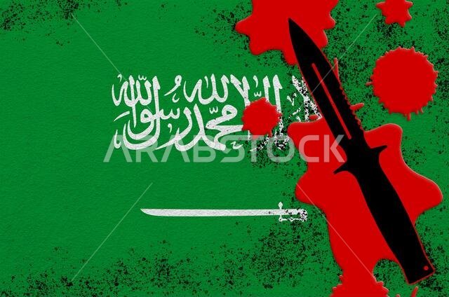 علم المملكة العربية السعودية وسكين تكتيكي أسود ملطخ بالدماء. رمز لهجوم إرهابي أو عمليات عسكرية ذات نتائج مميتة. سلاح اشتباك خطير.