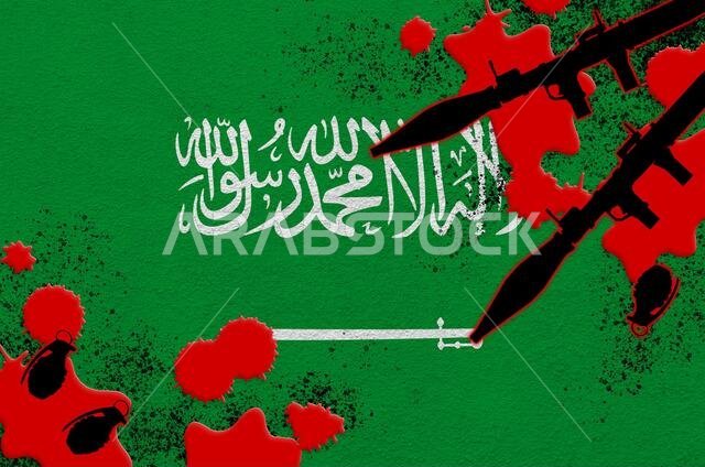 Saudi Arabia flag and rocket launchers with grenades in blood. Concept for terror attack and military operations. Gun trafficking