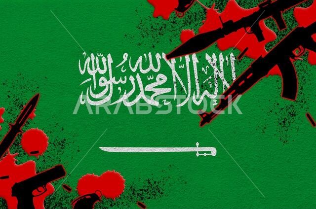 Saudi Arabia flag and various weapons in red blood. Concept for terror attack and military operations with lethal outcome. Gun trafficking