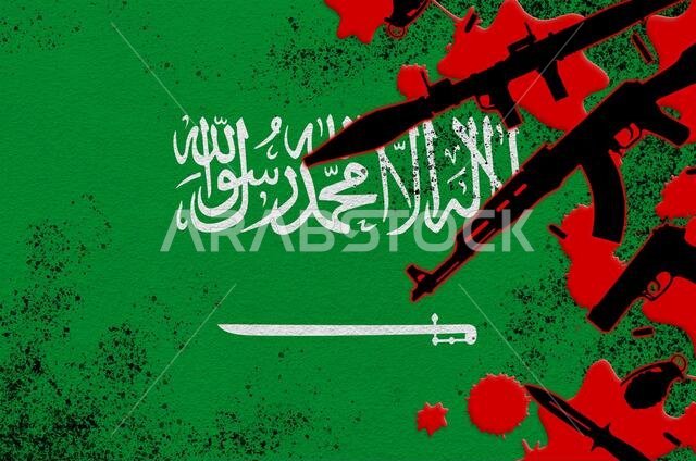 Saudi Arabia flag and various weapons in red blood. Concept for terror attack or military operations with lethal outcome. Gun trafficking