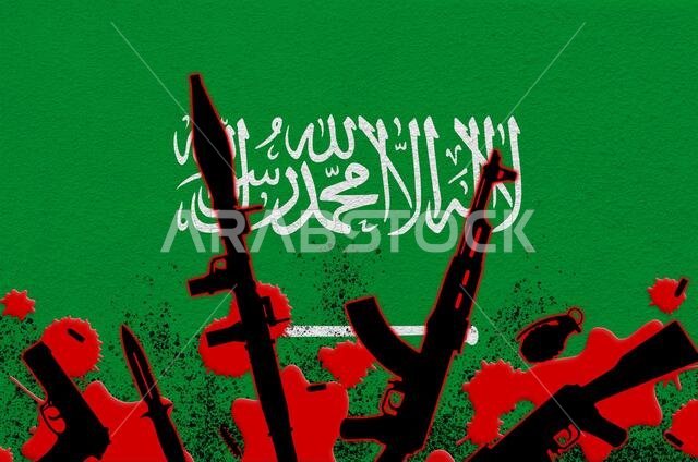 علم المملكة العربية السعودية وأسلحة متنوعة مطلية باللون الأحمر القاني. رمز لهجوم إرهابي أو عمليات عسكرية ذات نتائج مميتة. تهريب الأسلحة