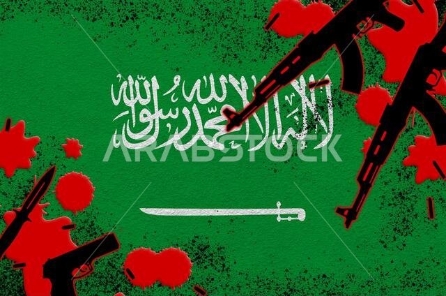 Saudi Arabia flag and guns in red blood. Concept for terror attack and military operations. Gun trafficking