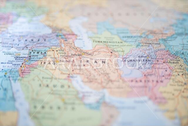 Syria, Iraq, Iran and Afganistan on a Blurry and Colorful Middle East Map