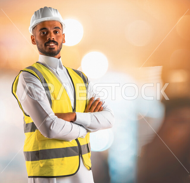 مهندس معماري عربي خليجي سعودي يرتدي قبعة وسترة الوقاية الخاصة بالعمل , يقف مكتف اليدين ، متابعة المشروع وتدقيق العمل ، الاشراف والرقابة على المشاريع الهندسية ، الهندسة المعمارية ، خلفية المشاريع الإنشائية .