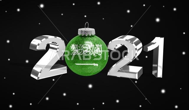 Happy new Year 2021, flag of Saudi Arabia on a christmas toy, decorations isolated on dark background. Creative christmas concept.