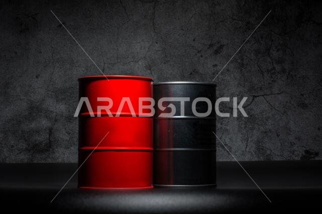 Red and metall barrel of oil on a black background for design.