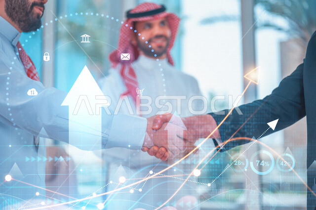 رجلا أعمال يتصافحان لإتمام صفقة ربحية, اتفاقية عمل , مشروع وخطة عمل جديده, شركاء عمل, تقدم ونجاح, شركة سعودية بكفاءة عالية , رسومات بتقنية الهولوجرام .