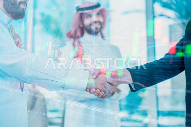 رجلا أعمال يتصافحان لإتمام صفقة ربحية, اتفاقية عمل , مشروع وخطة عمل جديده, شركاء عمل, تقدم ونجاح, شركة سعودية بكفاءة عالية , رسومات بتقنية الهولوجرام .