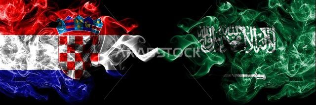 Croatia, Croatian vs Saudi Arabia, Arabian smoky mystic flags placed side by side. Thick colored silky abstract smoke flags.