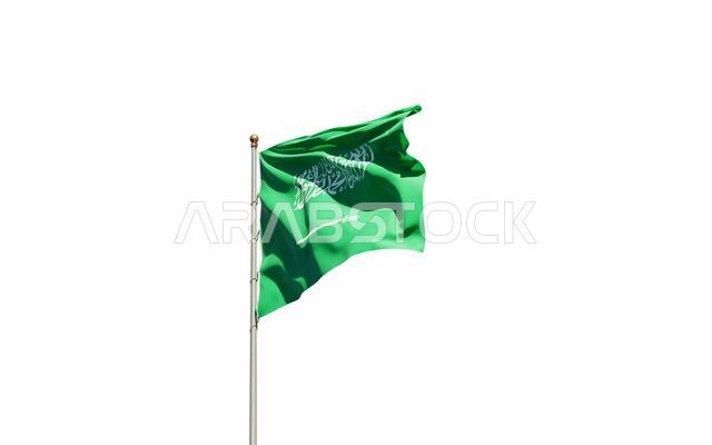 علم المملكة العربية السعودية الجميل يرفرف في السماء. صورة ثلاثية الأبعاد لعلم المملكة العربية السعودية من زاوية منخفضة.