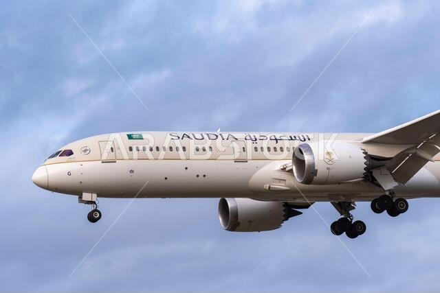 Saudia Boeing 787 Dreamliner jet airliner plane HZ-ARG on approach to land at London Heathrow Airport, UK, during COVID 19 lockdown. Front end