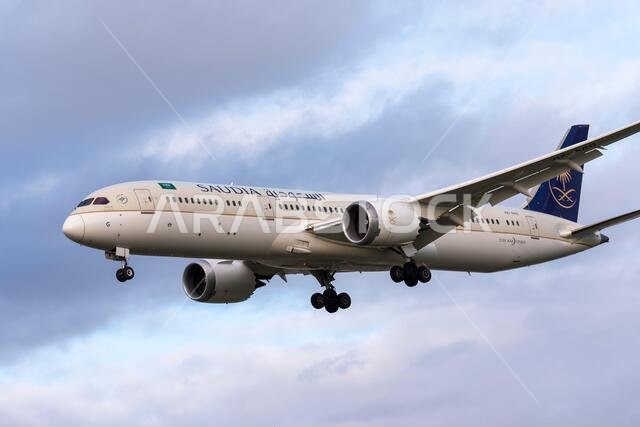 Saudia Boeing 787 Dreamliner jet airliner plane HZ-ARG on approach to land at London Heathrow Airport, UK, during COVID 19 lockdown