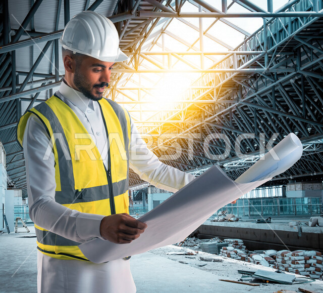 مهندس معماري عربي خليجي سعودي يرتدي قبعة وسترة الوقاية الخاصة بالعمل ، يحمل بيده مخطط البناء ، متابعة المشروع وتدقيق العمل ، الاشراف والرقابة على المشاريع الهندسية ، الهندسة المعمارية ، خلفية المشاريع الإنشائية .