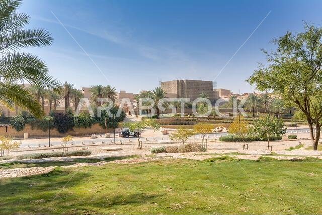 Green date trees growing in the park in the Ruins of Diraiyah, also as Dereyeh and Dariyya, a old town in Riyadh, Saudi Arabia