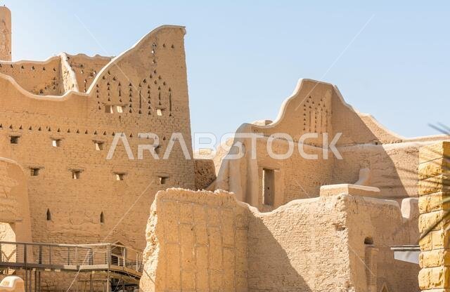 Historic buildings in Dariyah clay castle, also as Dereyeh and Dariyya, a town in Riyadh, Saudi Arabia, original home of the Saudi royal family, the c