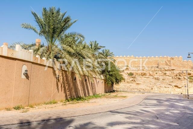 أشجار النخيل الخضراء تنمو في الحديقة الواقعة في أطلال الدرعية، المعروفة أيضاً باسم الدرعية والدرعية، وهي مدينة قديمة في الرياض، المملكة العربية السعودية