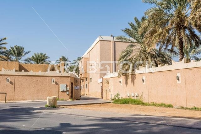 أشجار النخيل الخضراء تنمو في الحديقة الواقعة في أطلال الدرعية، المعروفة أيضاً باسم الدرعية والدرعية، وهي مدينة قديمة في الرياض، المملكة العربية السعودية