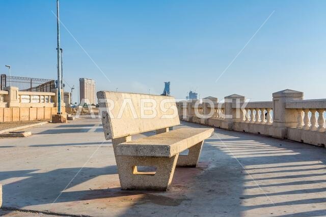 Stone bench at Jeddah Corniche, 30 km coastal resort area of Jeddah city with coastal road, recreation areas, pavilions and civic sculptures, Jeddah,