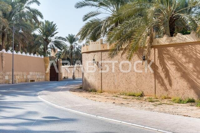 Green date trees growing in the park in the Ruins of Diraiyah, also as Dereyeh and Dariyya, a old town in Riyadh, Saudi Arabia