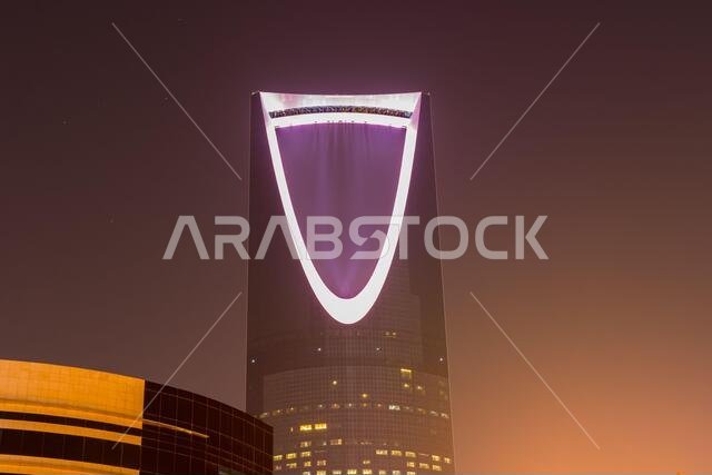 Night view with neon light of Kingdom tower , the tallest building in the Kingdom of Saudi Arabia.