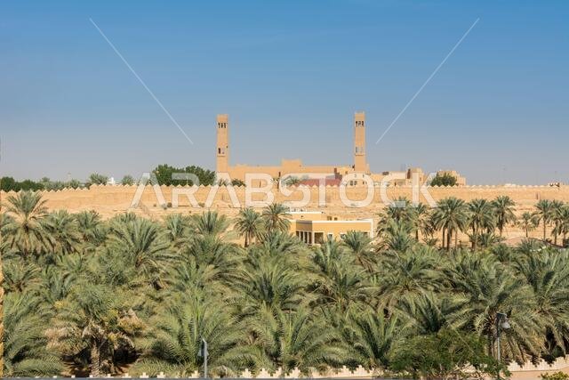 أشجار النخيل الخضراء تنمو في الحديقة الواقعة في أطلال الدرعية، المعروفة أيضاً باسم الدرعية والدرعية، وهي مدينة قديمة في الرياض، المملكة العربية السعودية.
