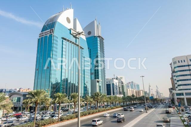 Twin building of Alinma Bank with symbol of fish, landmark of Riyadh, Saudi Arabia