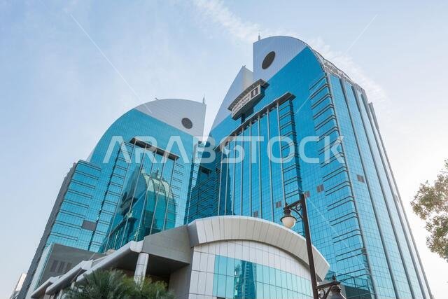 Twin building of Alinma Bank with symbol of fish, landmark of Riyadh, Saudi Arabia