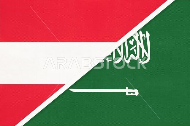 النمسا والمملكة العربية السعودية، أعلام وطنية مصنوعة من النسيج. علاقة وشراكة وتوافق بين البلدين.