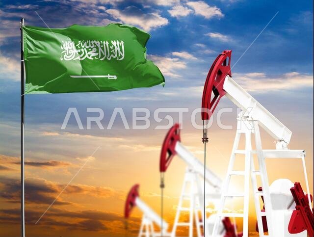 منصات نفطية على خلفية سماء ملونة وسارية علم عليها علم المملكة العربية السعودية. مفهوم إنتاج النفط والمعادن والتنمية