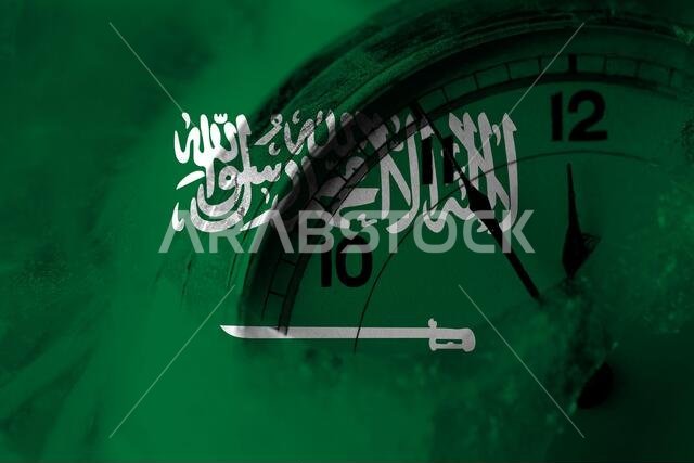 المملكة العربية السعودية، العلم العربي مع ساعة تقترب من منتصف الليل في الخلفية. مفهوم رأس السنة الجديدة السعيدة