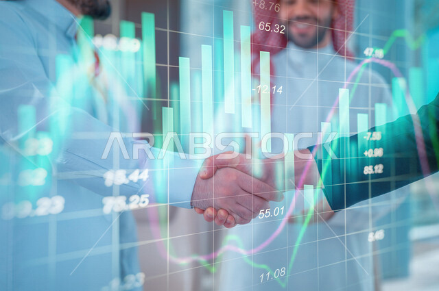 رجلا أعمال يتصافحان لإتمام صفقة ربحية, اتفاقية عمل , مشروع وخطة عمل جديده, شركاء عمل, تقدم ونجاح, شركة سعودية بكفاءة عالية , رسومات بتقنية الهولوجرام .