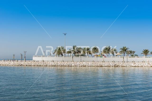 بحر أزرق وأشجار نخيل خضراء في حديقة الكورنيش بالدمام، المملكة العربية السعودية