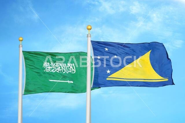 Saudi Arabia and Tokelau two flags on flagpoles and blue cloudy sky