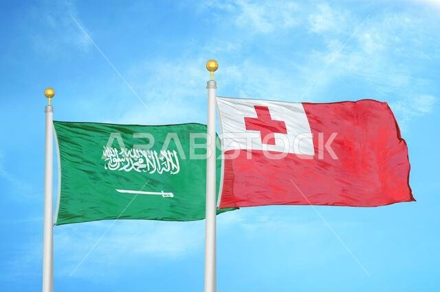 Saudi Arabia and Tonga two flags on flagpoles and blue cloudy sky